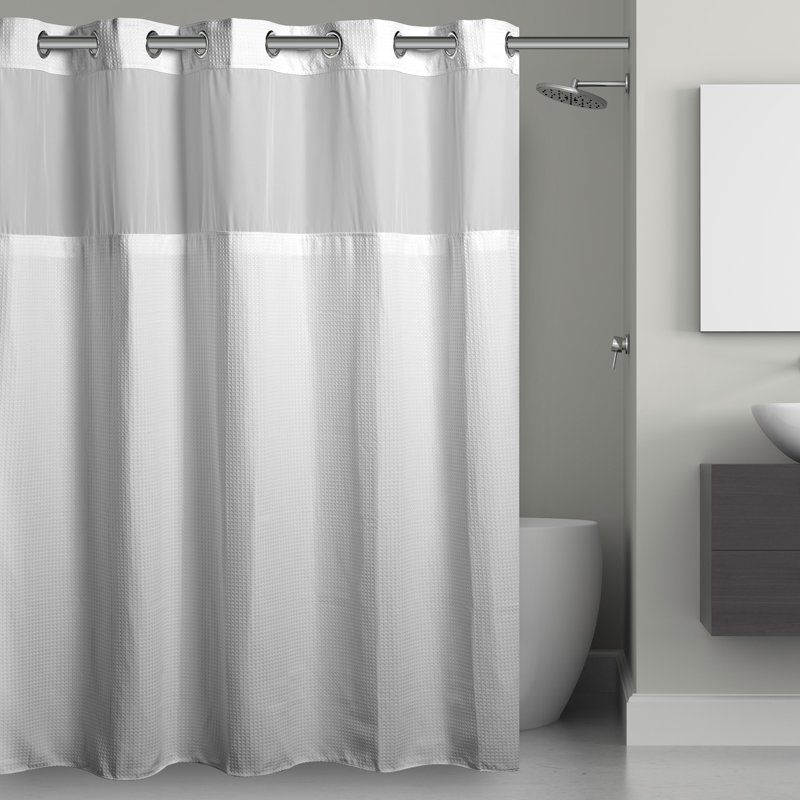 Hookless Waffle Shower Curtain, 3-in-1 Shower Curtain Includes Fabric Shower Curtain with Sheer Top Window, Flex-on Rings & Fabric Liner, 71 In Wide x 86 In Long, White