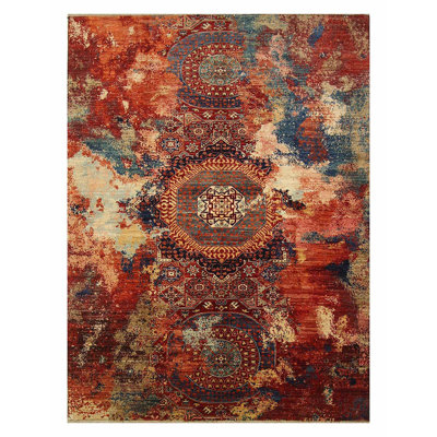 Tapis unique rouge / beige / bleu noué à la main de haute qualité
