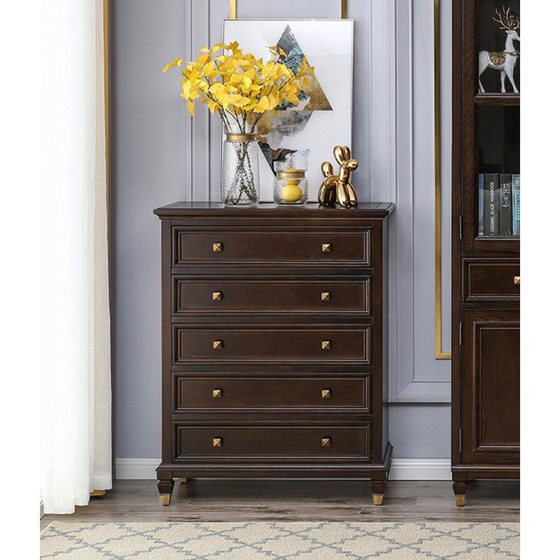 Commode 5 tiroirs en bois massif aux accents dorés rétro