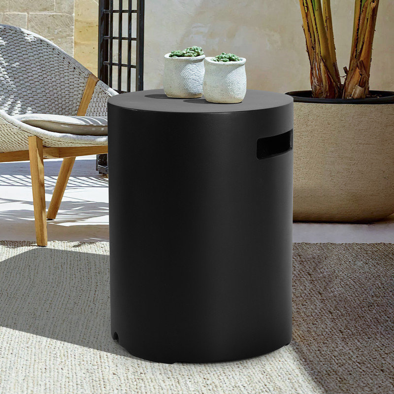 Black Round Propane Tank Cover Table – 20 lb Outdoor Concrete Hideaway with Side Handle for Patio or Deck, Black