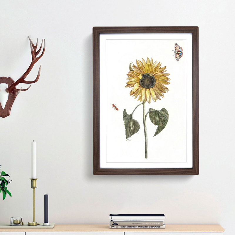 Sunflower with Butterflies by Johan Teyler - Picture Frame Painting Print, 48cm H x 36cm W x 2cm D, Walnut Framed