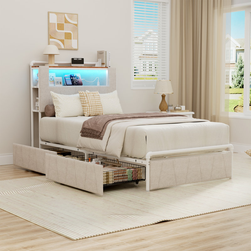 Structure de lit simple avec tête de lit à 2 niveaux, base de lit plateforme en métal avec 2 tiroirs de rangement, station de charge intégrée et DEL, beige