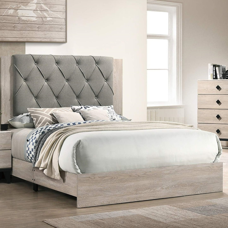 Grand lit pour chambre à coucher, tête de lit grise, finition crème, lit moderne en bois d'hévéa stable, style, Crème/gris
