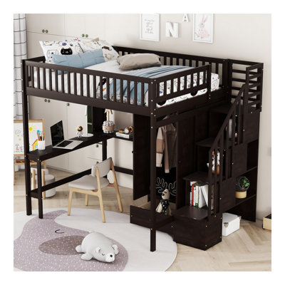Full Size Loft Bed With Bookshelf,Drawers,Desk,And Wardrobe-Espresso