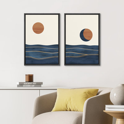 Sun And Moon " Abstract Sun Over Blue Watercolor Ocean Waves Modern Minimalist Landscape " 2 - Pieces