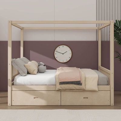 Queen-Sized Wooden Four-Poster Bed Equipped With Storage Drawers