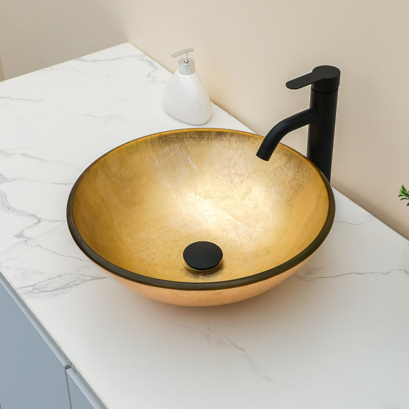 16.5" Circular Glass Bathroom Sink Vessel Sink with Pop-Up Drain and Faucet Combo, Gold