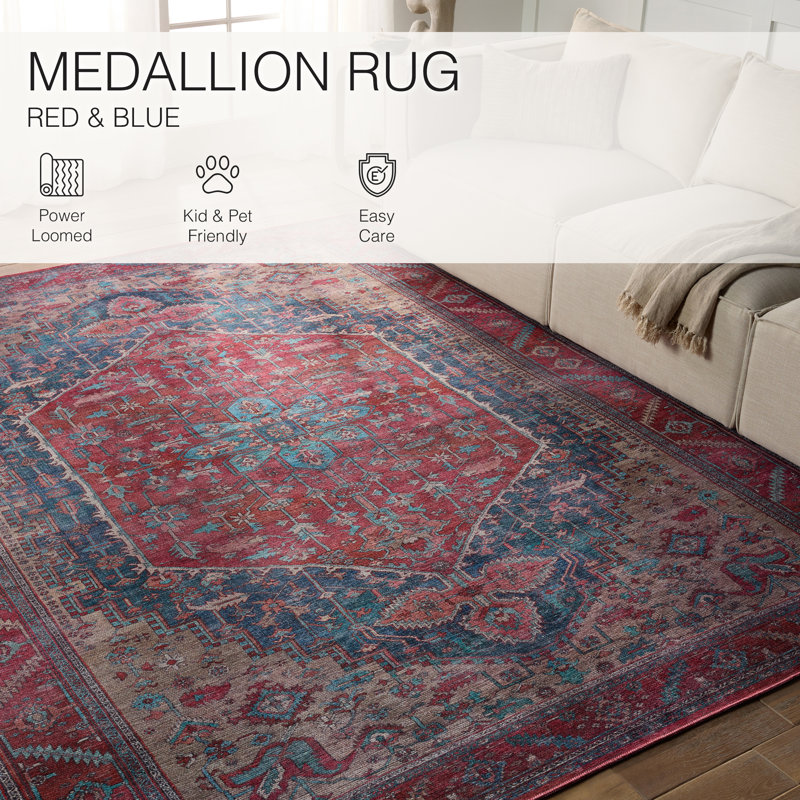 Beesley Machine Washable Handmade Red/Blue Rug, Rectangle 10'6" x 14'