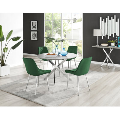 Tierra Modern Chrome Metal & Glass Round Dining Table Set with 4 Luxury Velvet Dining Chairs