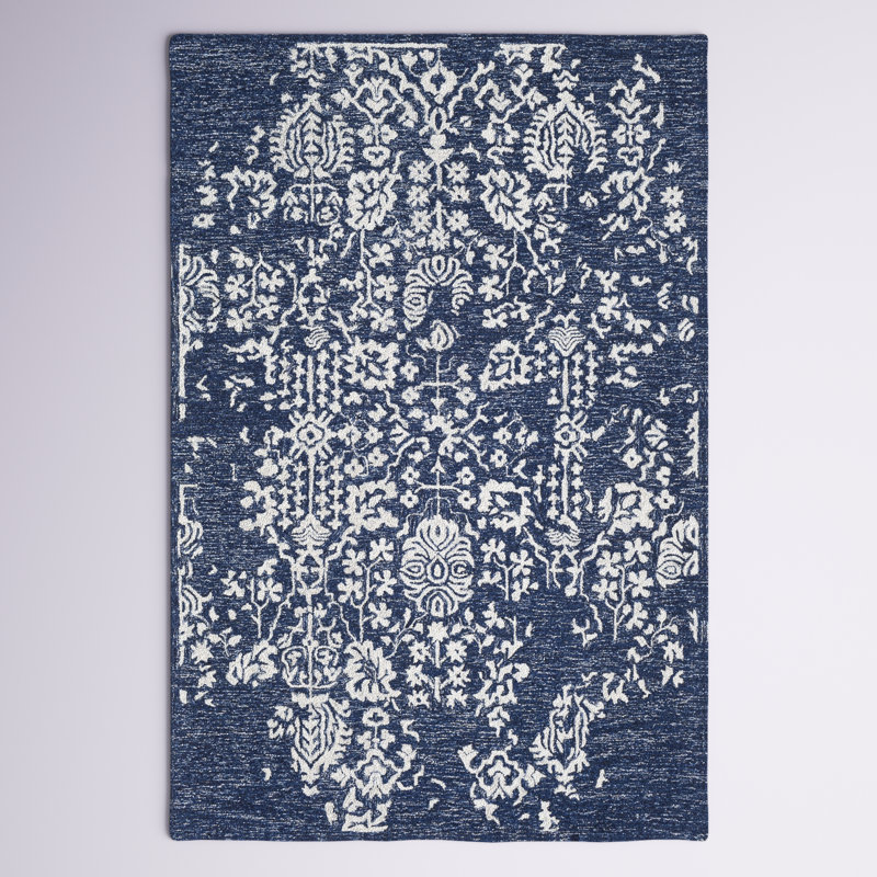 Tapis bleu marine / beige en laine touffeté à la main Bergmann, Rectangle 9 pi 9 po x 13 pi 9 po