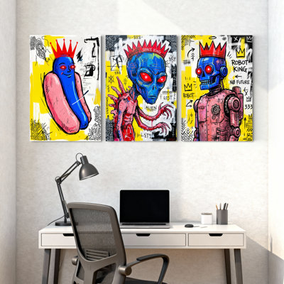 Ensemble de 3 reproductions d'art sur toile, "Alien Robot King Crowned Graffiti"