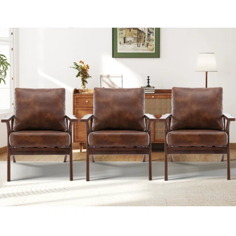 Joichiro 29.5" W Vegan Leather Upholstered Accent Chair with Solid Wood Frame, Brown, 3