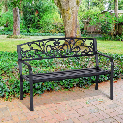 Banc d'extérieur 50 po, banc de jardin en métal avec dossier à motif floral, banc de véranda avec siège à lattes pour parc, cour, pelouse