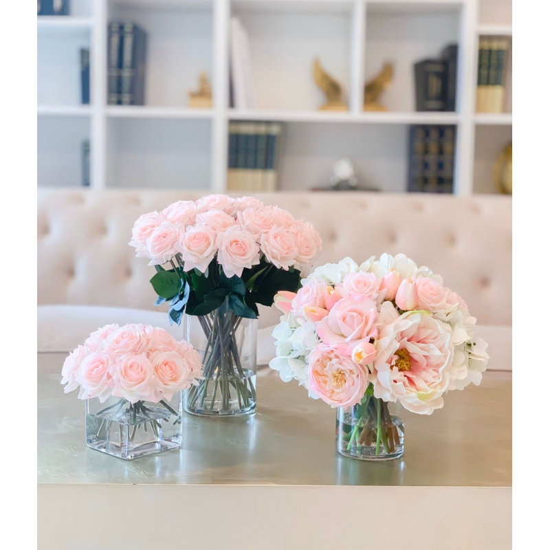 Real-Touch Pink Roses & White Hydrangeas Centerpiece