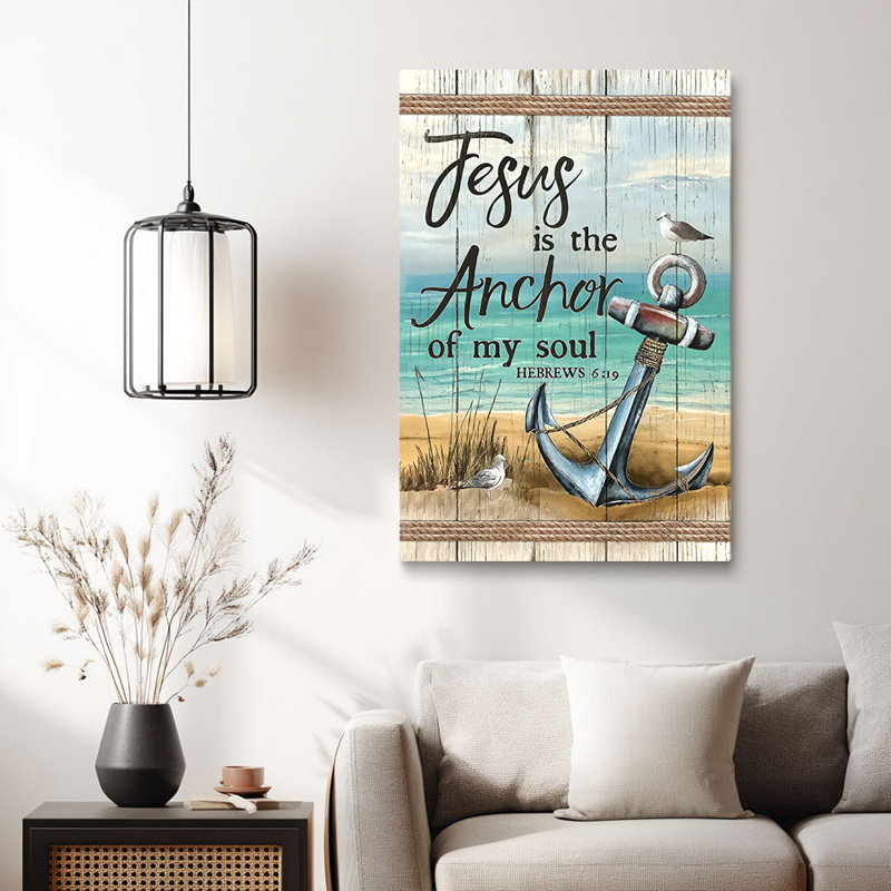 Nautique «Beach Anchor with Hebrews Verse (Coastal Tone)» «Jesus is the Anchor», art mural sur toile tendue pour Cozy Studio