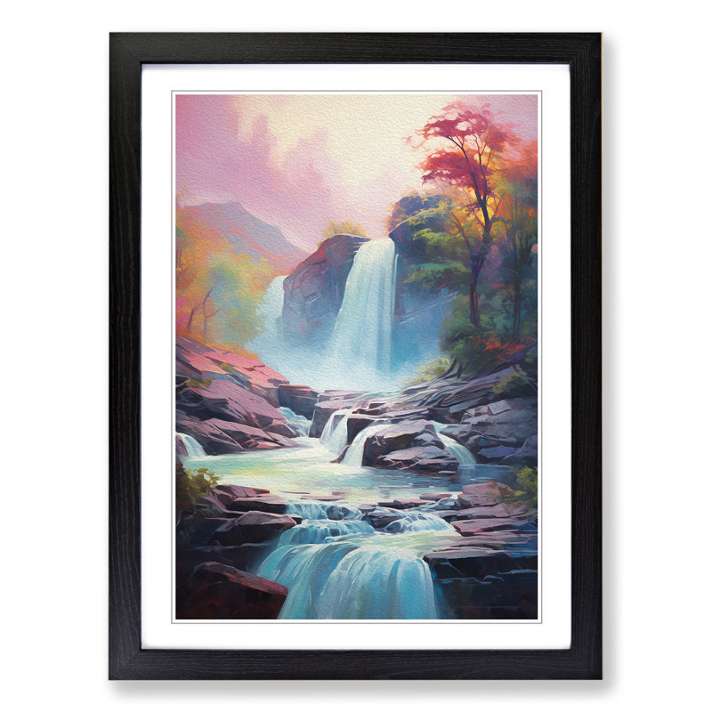 XYZ-FRM-V1223-6433 Waterfall Impressionism - Single Picture Frame Print on Wood, 64cm H x 46cm W x 2cm D, Black 