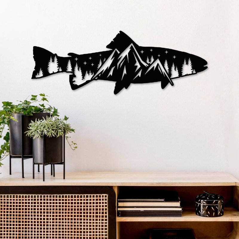 Art mural alternatif en métal Trout Fish Design, H 16 po x l 48 po x P 0,12 po, Noir