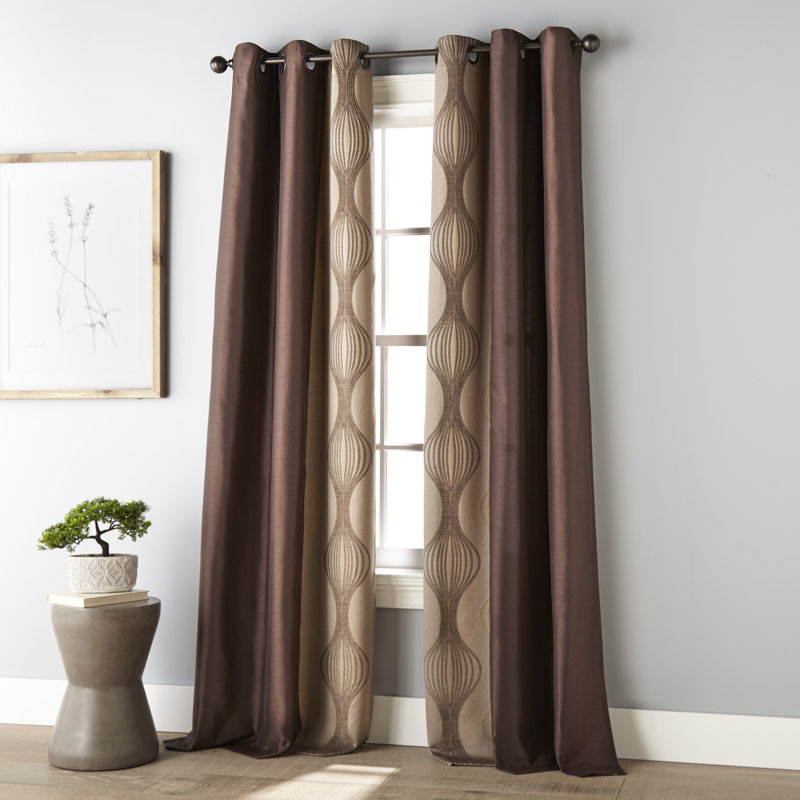 Brown and Gold Polyester Light-Filtering Grommet Curtains, 37" x 84", Set of 2