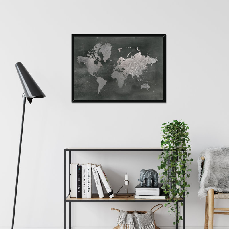 Large Silver World Map On Black Wash by Jennifer Goldberger - Painting, Black Framed Paper Print, 34cm H x 50cm W