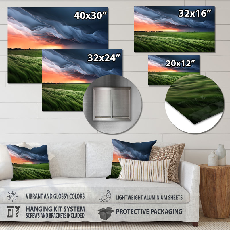 Tempête à la ferme paysage III - tempêtes, art mural en métal, H 12 po x l 20 po x P 1 po