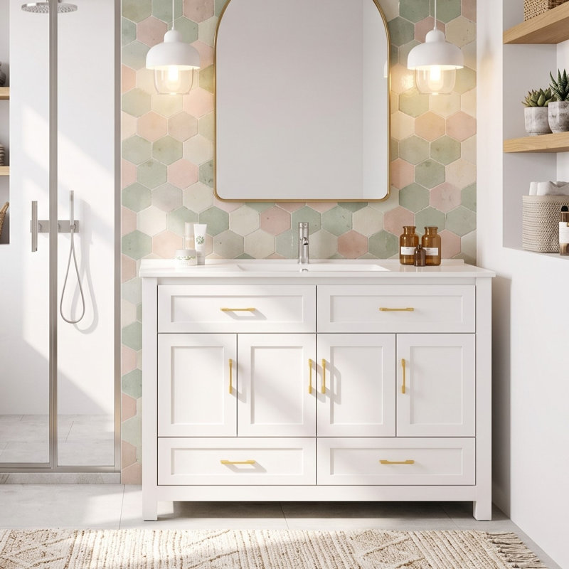 Meuble-lavabo de salle de bain avec lavabo en résine et portes à fermeture douce