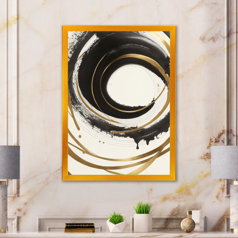 «Black and Gold Curves III» - art mural moderne sur toile, Encadrement doré, H 32 po x l 16 po x P 1 po