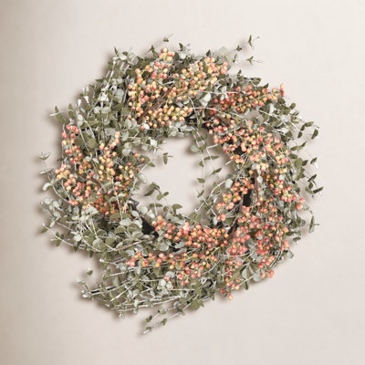 24" Artificial Farmhouse Mini Eucalyptus Blossoms Cluster Berry Spring Fall Wreath For Front Door
