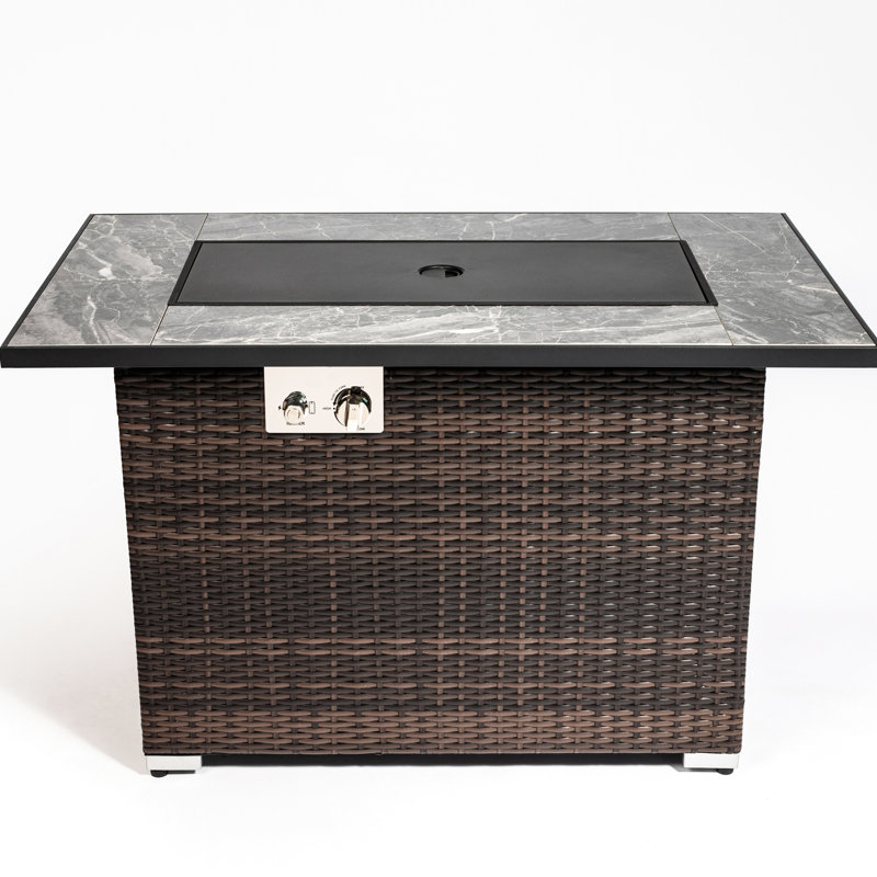 Table de foyer d'extérieur au propane 50000Btu avec plateau en céramique, extérieur de 44 pouces, rectangulaire, couvercle, housse de pluie, pierres de verre brillantes, table de couleur, foyer de table, brun foncé scintillant