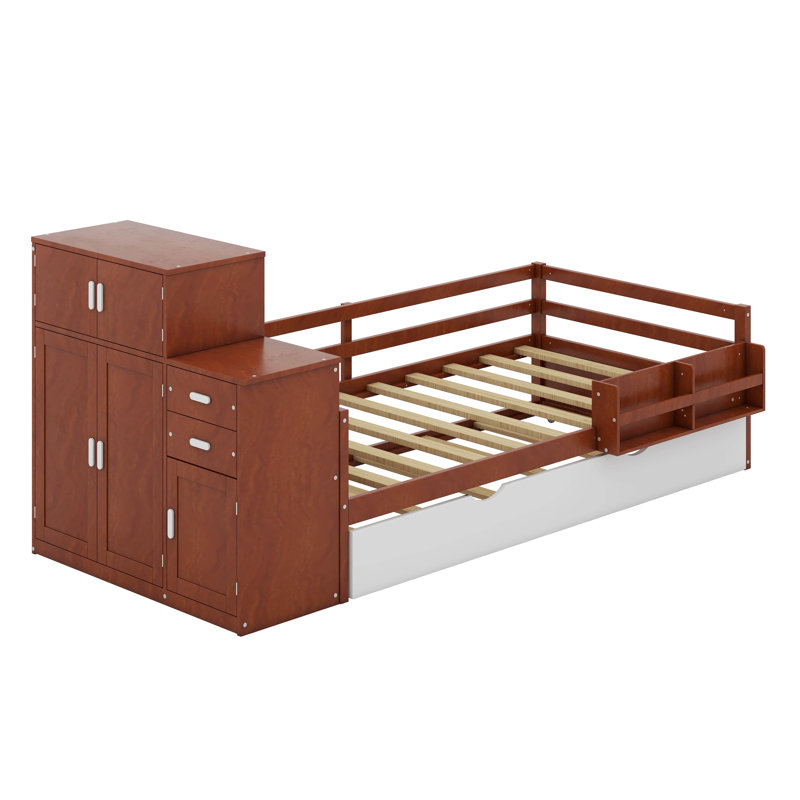 Lit plateforme simple en bois avec bibliothèque intégrée, garde-robe et lit gigogne, Noyer