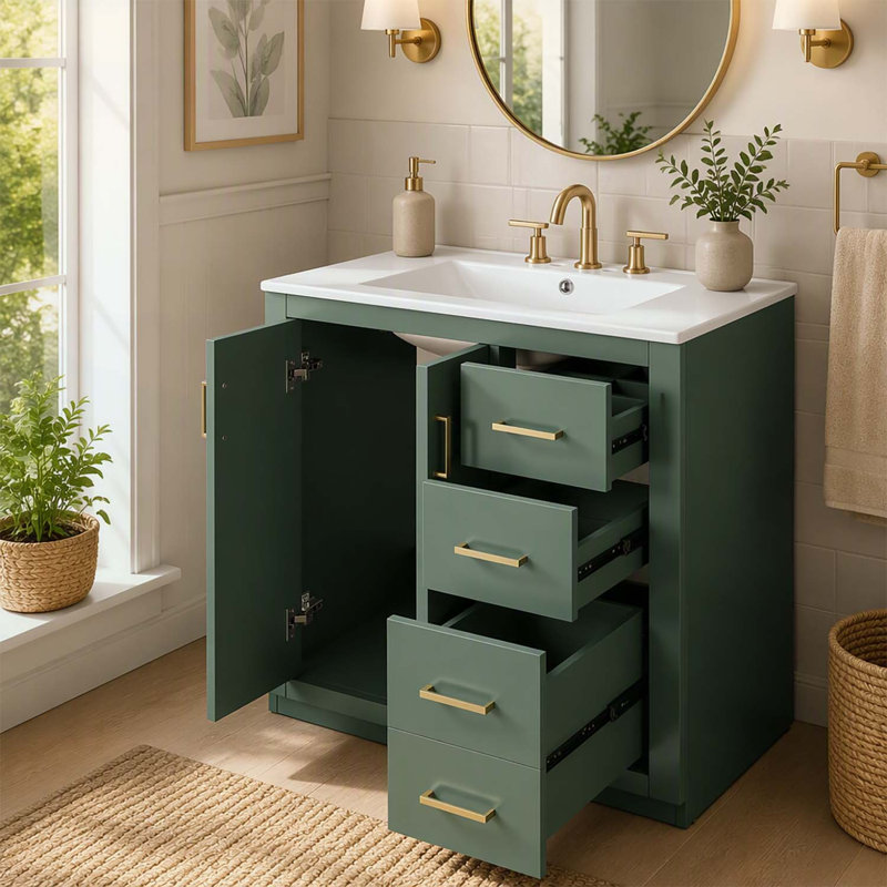 Meuble-lavabo de salle de bain de 76 cm (30 po) avec lavabo en céramique, cadre en bois, armoire de rangement autoportante avec 3 tiroirs et portes à fermeture douce