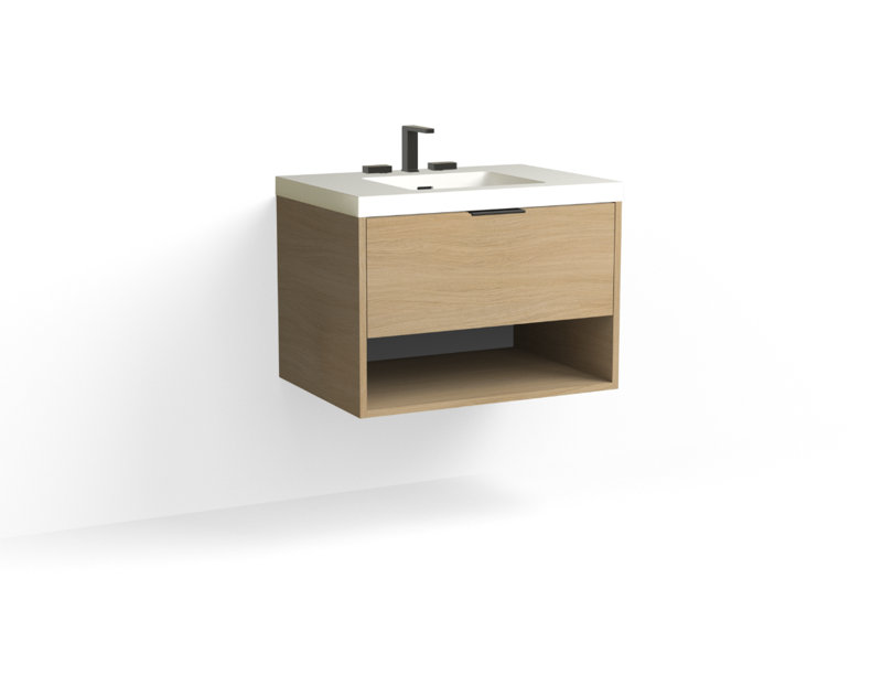 Modo 30" W Wall Mounted Single Bathroom Vanity, Glossy White/8" Widespread, Nocino, Satin Nickel