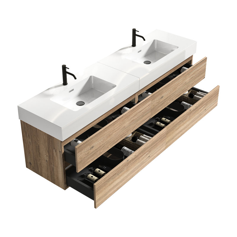 Meuble-lavabo mural flottant en chêne, lavabo une pièce, look moderne, revêtement à base d'eau E0, grand espace de rangement de 72 po, style Mid-Century, poignées dissimulées, 20% de plus