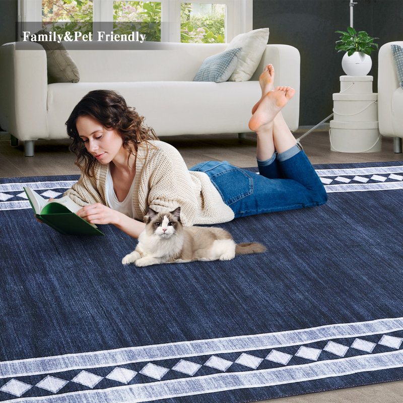 Modern Geometric Area Rug 6x9 Non Slip Washable Rugs for Living Room, Diamond Border Pattern Foldable Soft Carpet, Low Pile Stain Resistant Floor Mats for Dining Room Bedroom, Navy