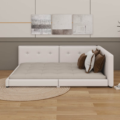 Linen Upholstered Floor Bed With USB Ports And Wood Slat Support by Ophelia & Co.
