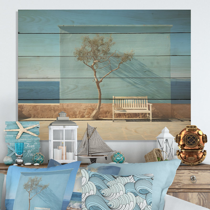 Tree With A Bench Greece Horizon - Coastal Wood Wall Art On Natural Pine Wood, 10" H x 20" W