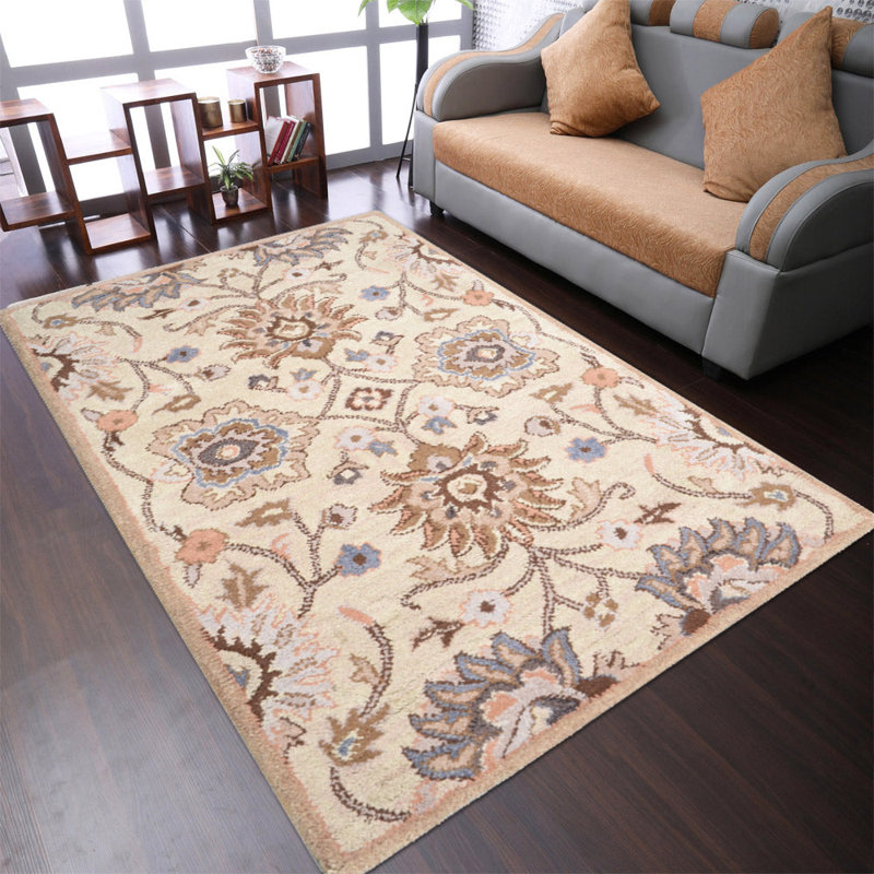 Tapis écologiques en laine touffetée à la main Karlie - 5 pi x 8 pi, rectangulaire, crème, design floral moderne, tapis antidérapants faits à la main épais pour salon, chambre à coucher