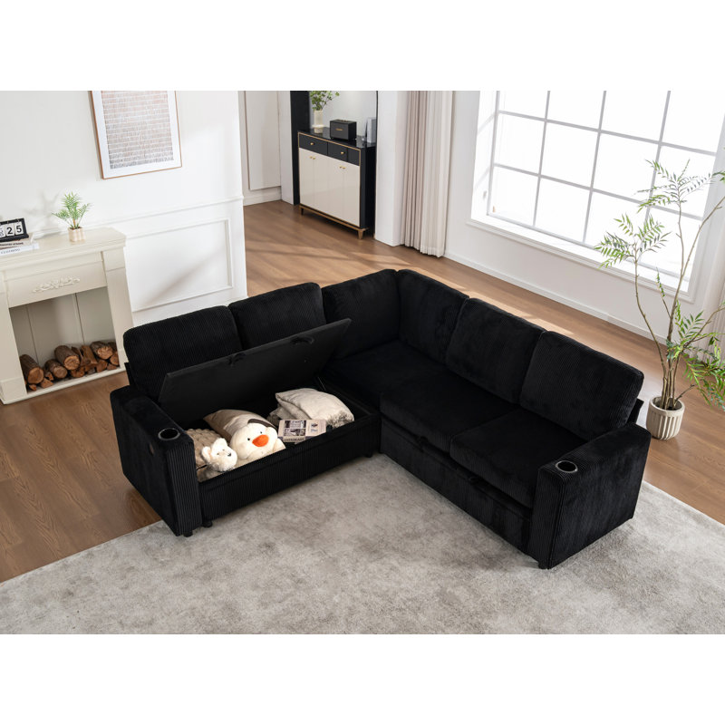83.6" Wide Corduroy Sectional Sleeper Sofa (Pull-Out Bed) With Storage, Black