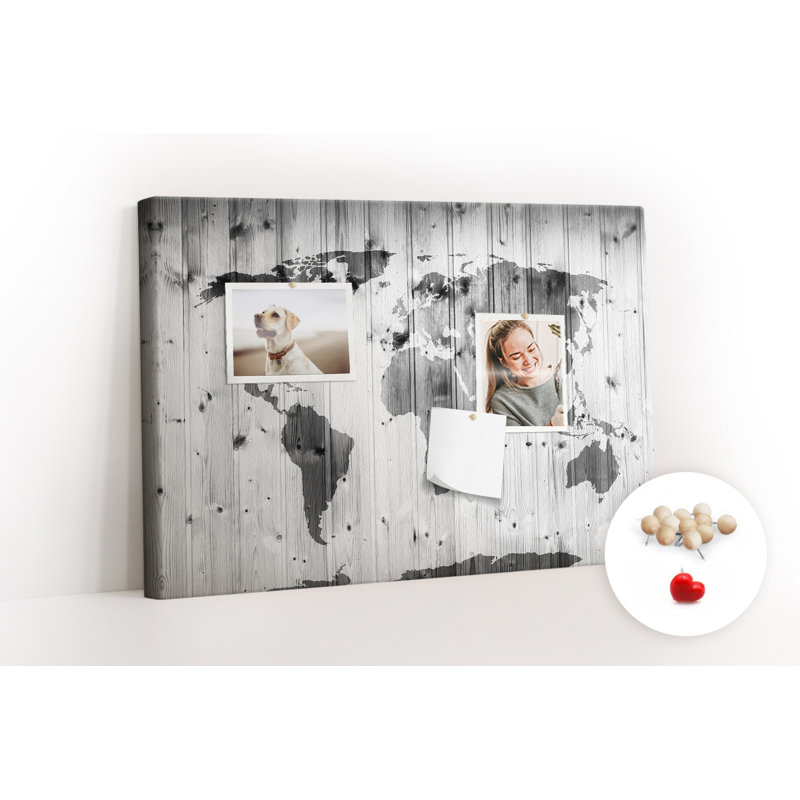 Wall Mounted cork board with print home decor message pin boards home office bulletin board ideas World map on wood