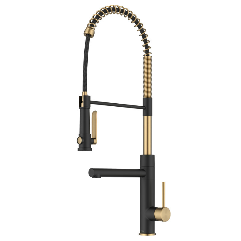 KRAUS Artec Pro Commercial Style 2-Function Single Handle Pull Down Kitchen Faucet with Pot Filler, Brushed Brass/Matte Black