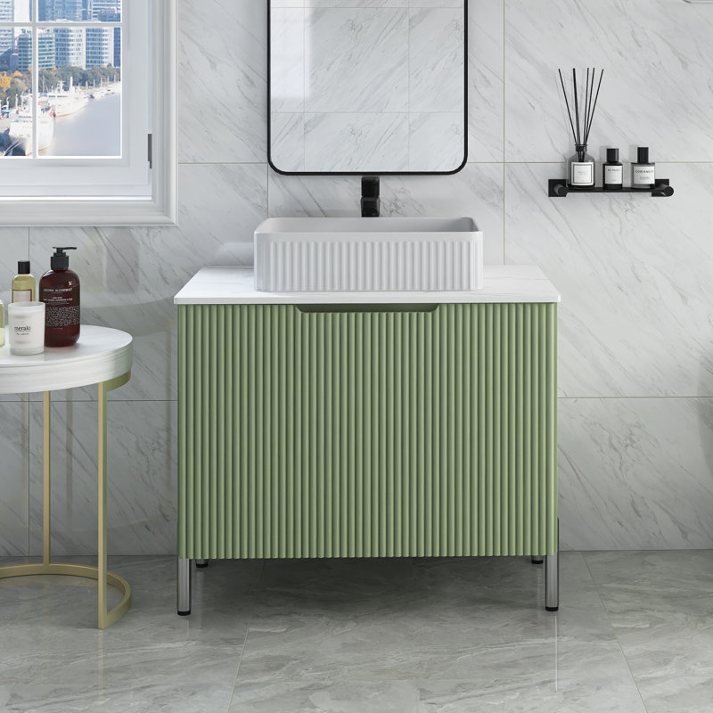 Meuble-lavabo autoportant simple l 30 po x P 19 po x H 35 po vert clair avec plateau fritté blanc