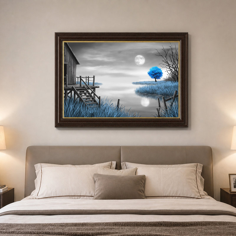 Art mural sur toile en niveaux de gris avec arbre bleu au bord du lac Moonlit, H 12 po x l 18 po