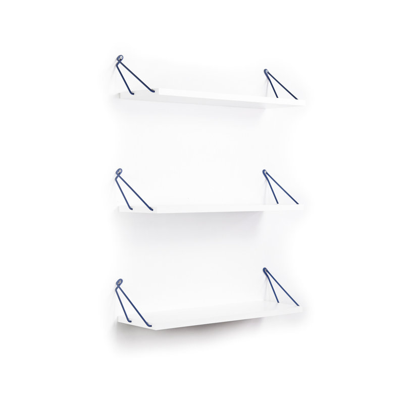 White Blue Wall Mounted Decorative Shelf - Rustic Triple With Hanging Metal Bracket For Books Bookcase Cabinet, White