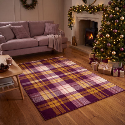 Tapis de Noël girouette à carreaux modernes dorés, crème et roses, antidérapant, à poils courts, pour intérieur et extérieur, adapté aux animaux domestiques, salon, chambre, salle à manger, entrée, couloir, bureau, tapis de Noël, paillasson de fête, lavable