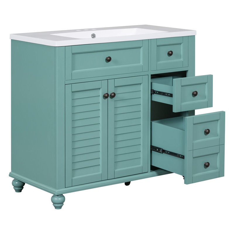  Vanity with Undermount Sink, Solid Wood Cabinet with 2 Drawers and Soft Closing Doors, Freestanding Unit, Teal