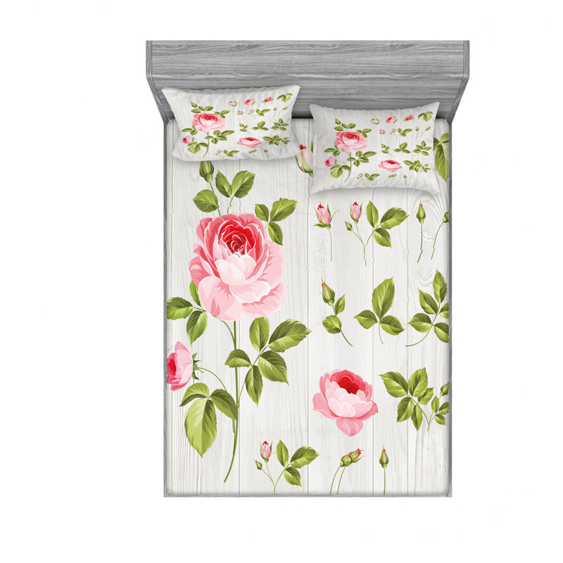 Microfiber Floral Sheet Set, Queen Sheet Set with Fitted Sheet