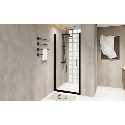 Porte de douche pivotante en verre trempé 28 po x 72 po dans un cadre en aluminium noir mat, poignée en acier inoxydable, conception de balançoire à fonctionnement doux, séparation de l'eau pour l'entretien de la salle de bain 28 po x 72 po avec fonction