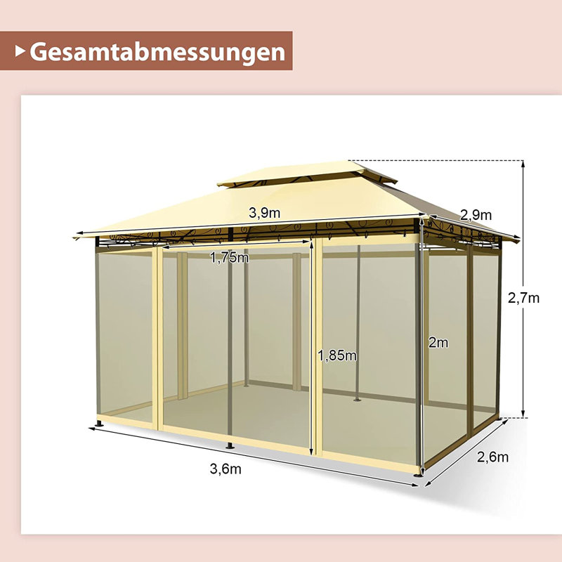 Aliyonna 3.6m x 2.6m Iron Patio Gazebo, Beige