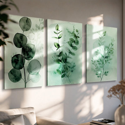 Tableau moderne en trois parties, motif feuillage de sauge et menthe, sur toile, 40 x 90 cm (16 x 36 pouces), pour chambre ou salon.