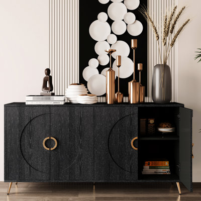 4 Door Sideboard Buffet Server Cabinet In Distressed Black, Modern Design For Living Room, Entryway, Hallway, Office, Kitchen And Dining, Outstanding Wooden Storage Black Dining Areas, Versatile