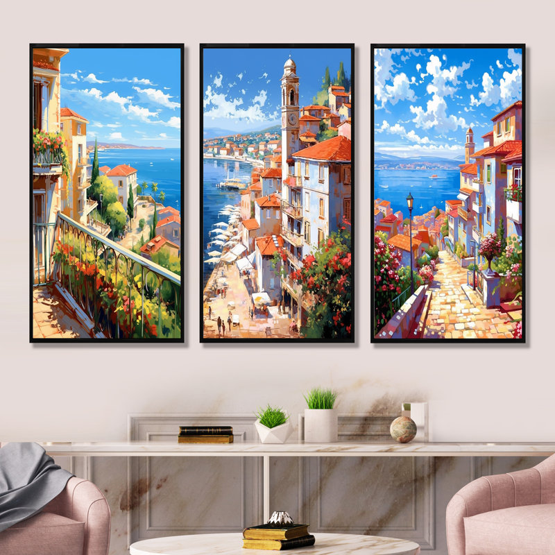 Magnifique paysage en Italie - ensemble de 3 reproductions d'art mural en Italie, Cadre flottant noir, H 28 po x l 36 po